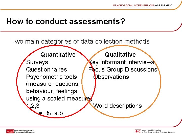 PSYCHOSOCIAL INTERVENTIONS ASSESSMENT How to conduct assessments? Two main categories of data collection methods