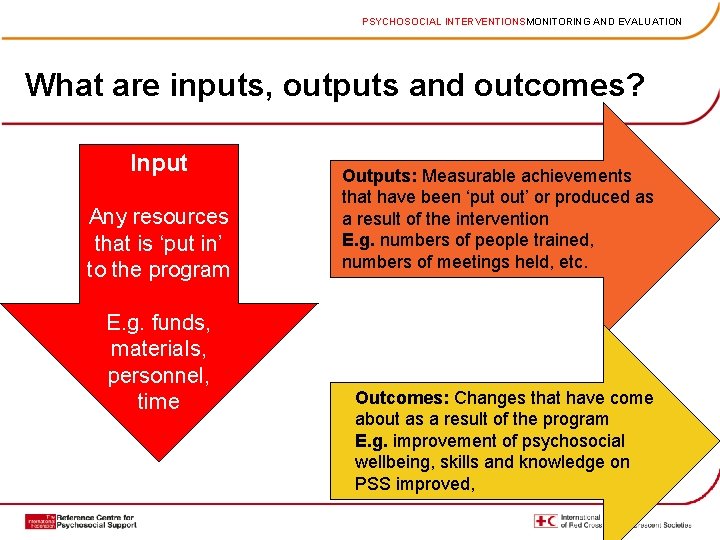 PSYCHOSOCIAL INTERVENTIONSMONITORING AND EVALUATION What are inputs, outputs and outcomes? Input Any resources that