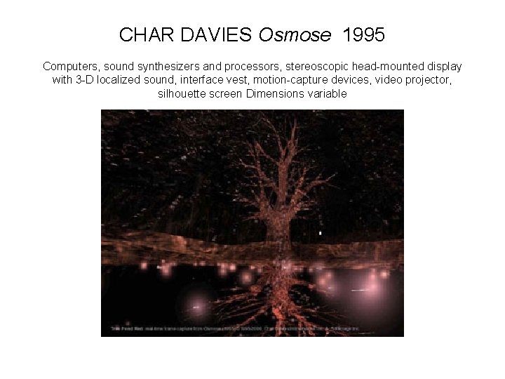 CHAR DAVIES Osmose 1995 Computers, sound synthesizers and processors, stereoscopic head-mounted display with 3