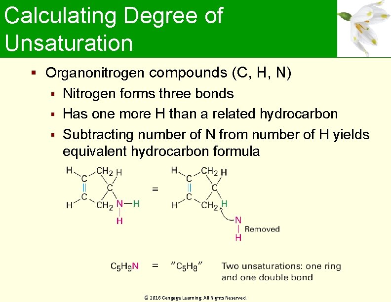 Calculating Degree of Unsaturation Organonitrogen compounds (C, H, N) Nitrogen forms three bonds Has