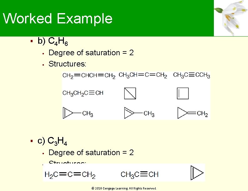 Worked Example b) C 4 H 6 Degree of saturation = 2 Structures: c)