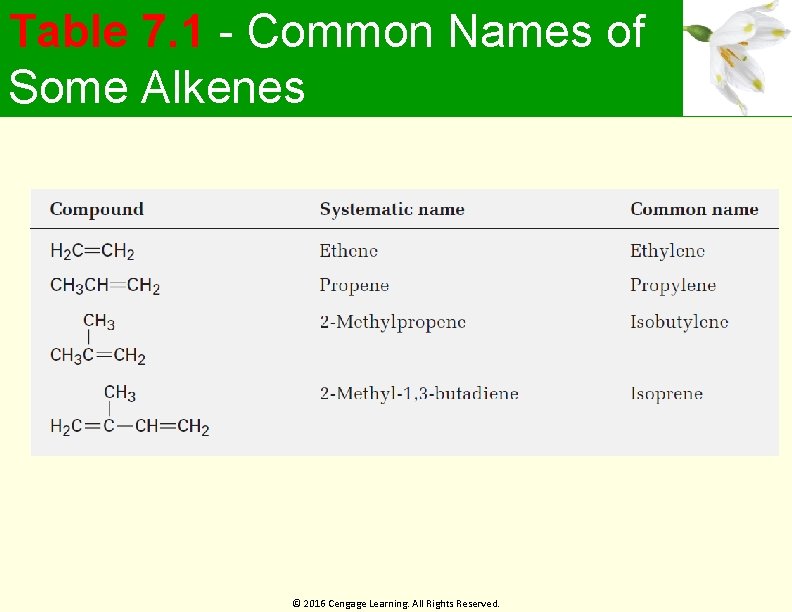 Table 7. 1 - Common Names of Some Alkenes © 2016 Cengage Learning. All