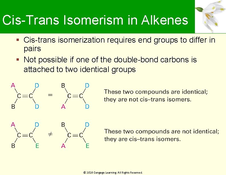 Cis-Trans Isomerism in Alkenes Cis-trans isomerization requires end groups to differ in pairs Not