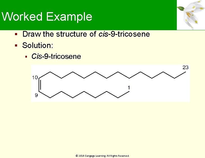 Worked Example Draw the structure of cis-9 -tricosene Solution: Cis-9 -tricosene © 2016 Cengage