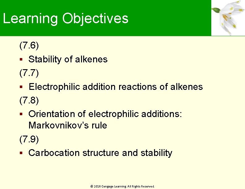 Learning Objectives (7. 6) Stability of alkenes (7. 7) Electrophilic addition reactions of alkenes