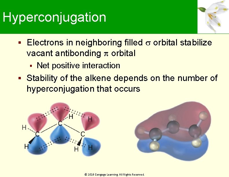 Hyperconjugation Electrons in neighboring filled orbital stabilize vacant antibonding orbital Net positive interaction Stability