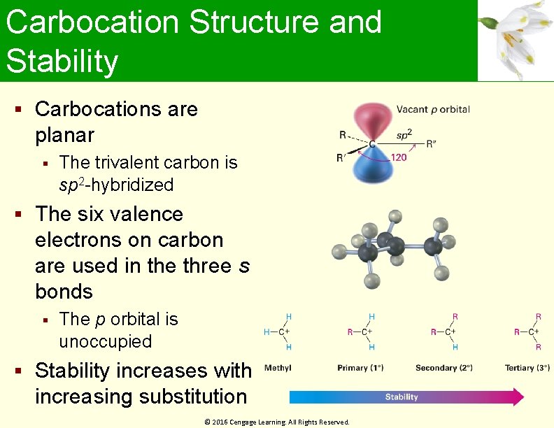 Carbocation Structure and Stability Carbocations are planar The trivalent carbon is sp 2 -hybridized