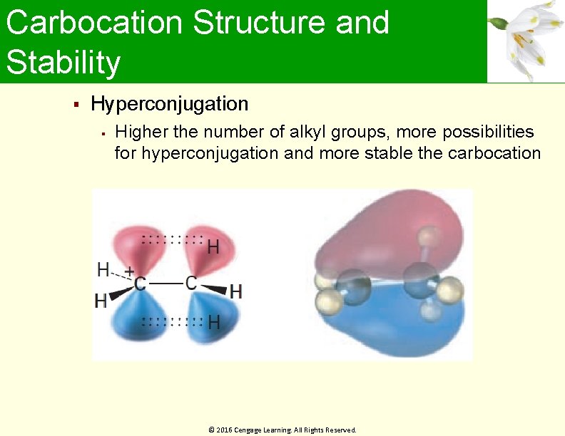 Carbocation Structure and Stability Hyperconjugation Higher the number of alkyl groups, more possibilities for