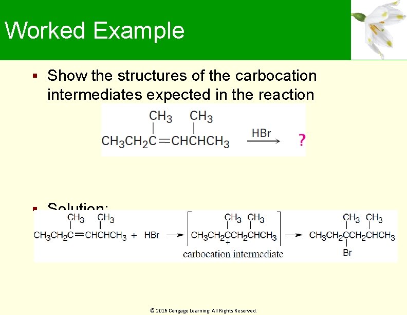 Worked Example Show the structures of the carbocation intermediates expected in the reaction Solution: