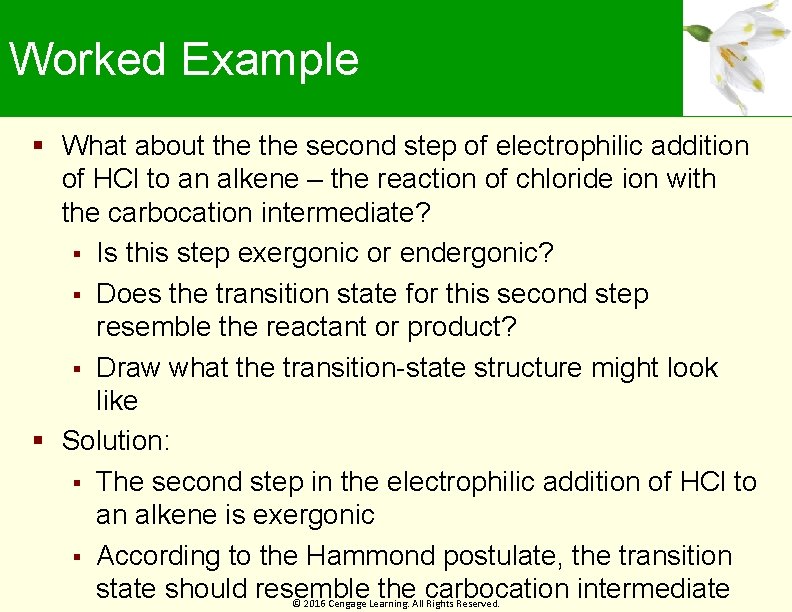 Worked Example What about the second step of electrophilic addition of HCl to an