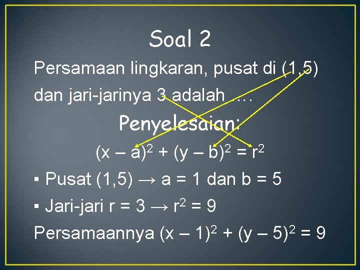 Soal 2 Persamaan lingkaran, pusat di (1, 5) dan jari-jarinya 3 adalah …. Penyelesaian: