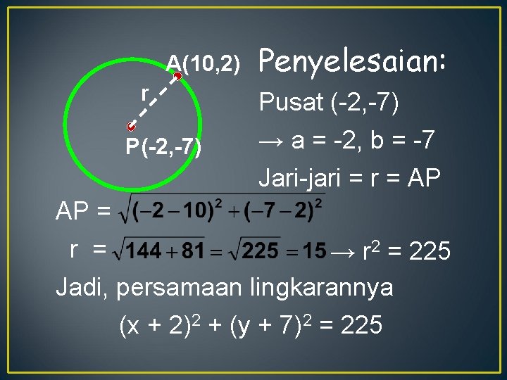 A(10, 2) r P(-2, -7) Penyelesaian: Pusat (-2, -7) → a = -2, b