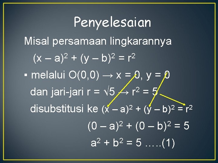 Penyelesaian Misal persamaan lingkarannya (x – a)2 + (y – b)2 = r 2