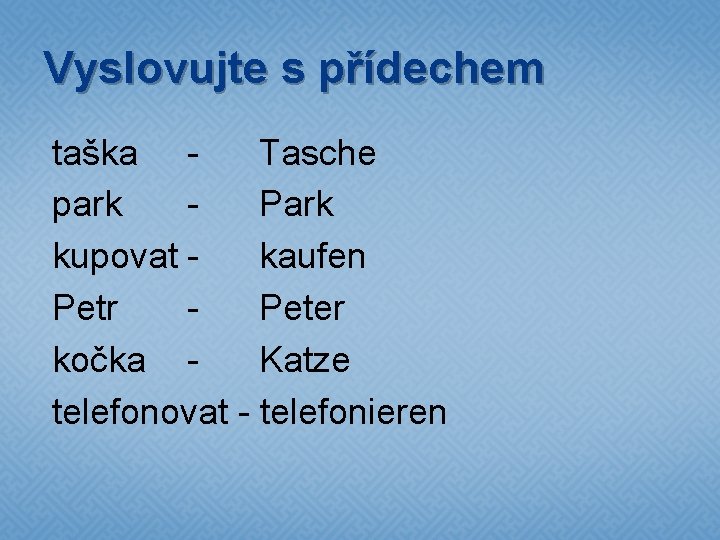 Vyslovujte s přídechem taška Tasche park Park kupovat kaufen Petr Peter kočka Katze telefonovat