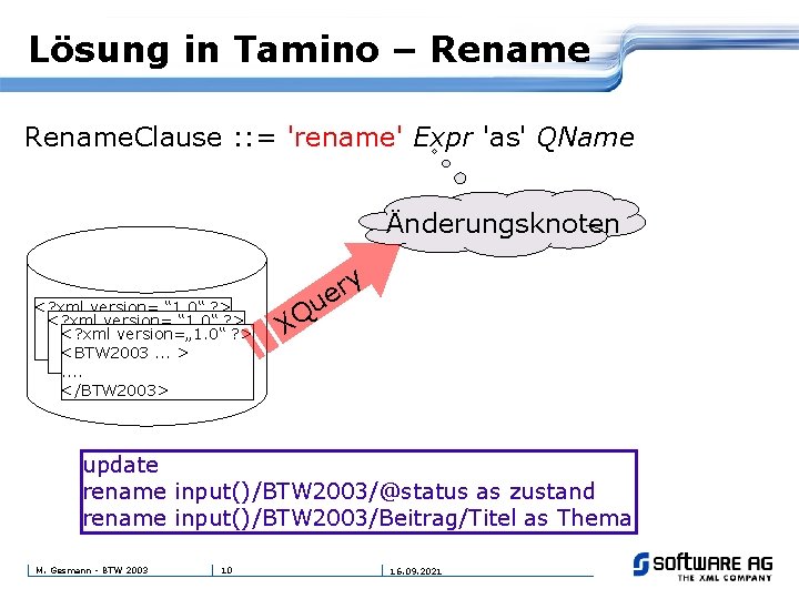 Lösung in Tamino – Rename. Clause : : = 'rename' Expr 'as' QName Änderungsknoten