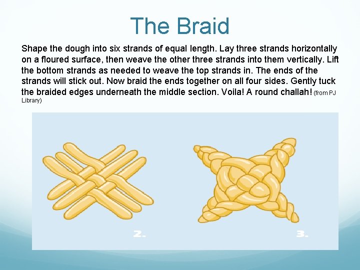 The Braid Shape the dough into six strands of equal length. Lay three strands