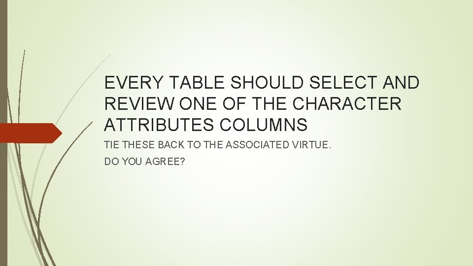 EVERY TABLE SHOULD SELECT AND REVIEW ONE OF THE CHARACTER ATTRIBUTES COLUMNS TIE THESE