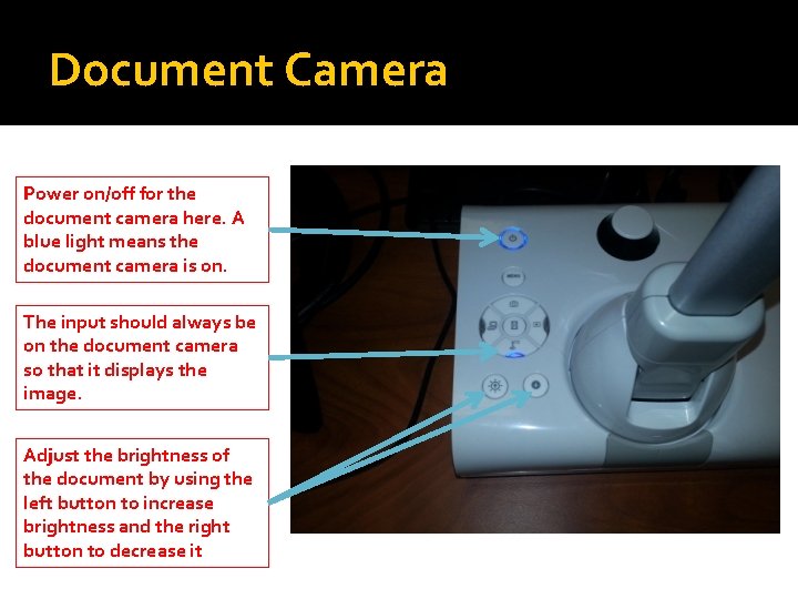Document Camera Power on/off for the document camera here. A blue light means the