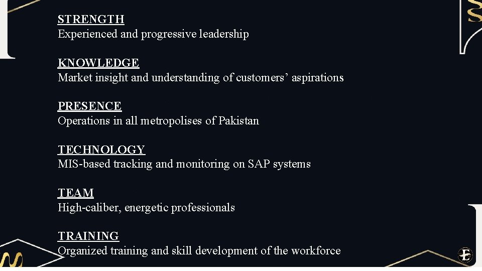 STRENGTH Experienced and progressive leadership KNOWLEDGE Market insight and understanding of customers’ aspirations PRESENCE
