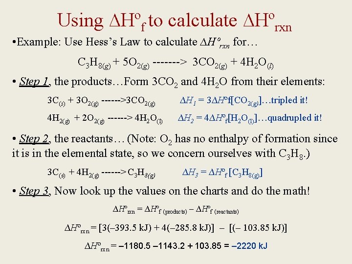 Using ∆Hºf to calculate ∆Hºrxn • Example: Use Hess’s Law to calculate ∆Hºrxn for…