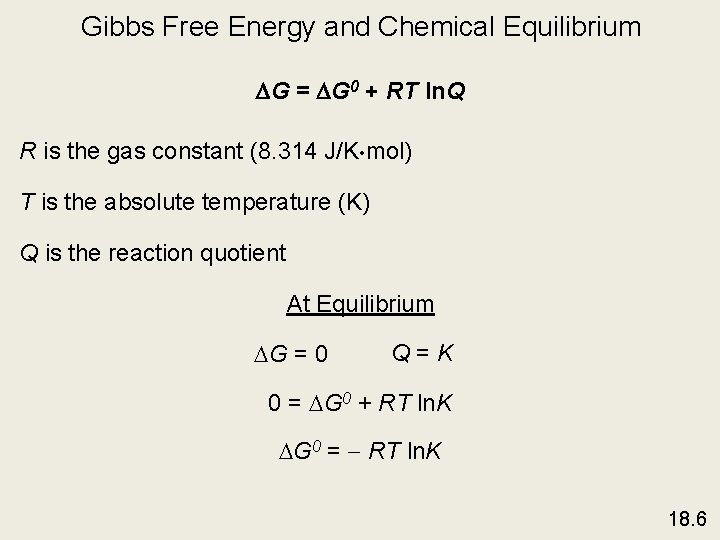 Gibbs Free Energy and Chemical Equilibrium DG = DG 0 + RT ln. Q