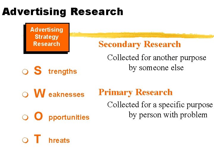 Advertising Research Advertising Strategy Research m S m W eaknesses trengths m O pportunities