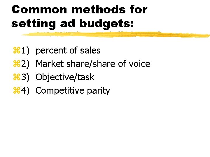 Common methods for setting ad budgets: z 1) z 2) z 3) z 4)
