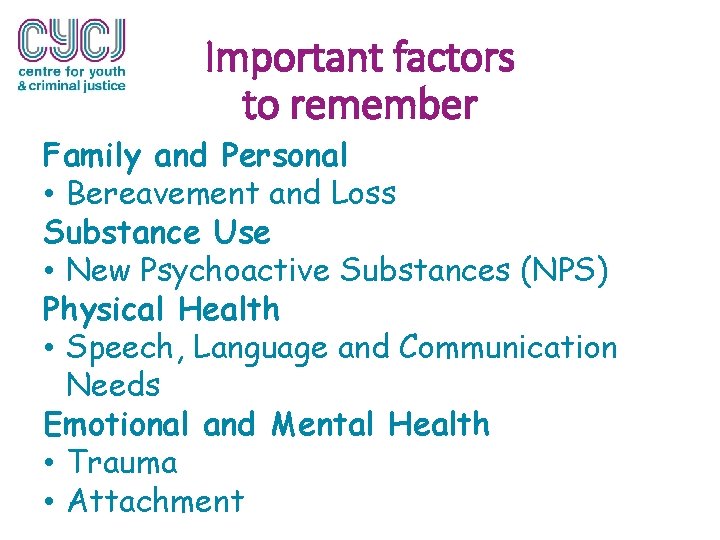 Important factors to remember Family and Personal • Bereavement and Loss Substance Use •