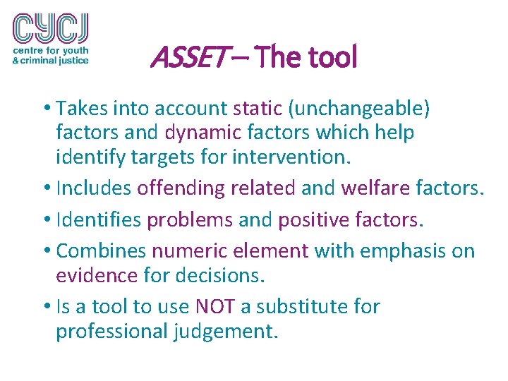 ASSET – The tool • Takes into account static (unchangeable) factors and dynamic factors