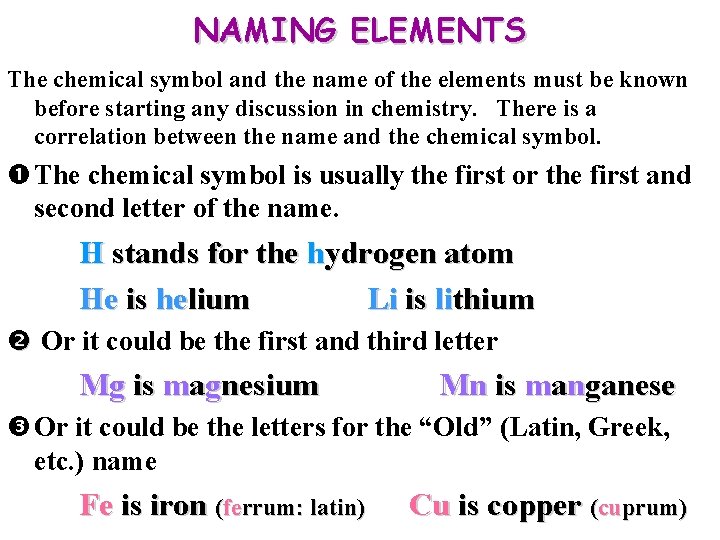 NAMING ELEMENTS The chemical symbol and the name of the elements must be known