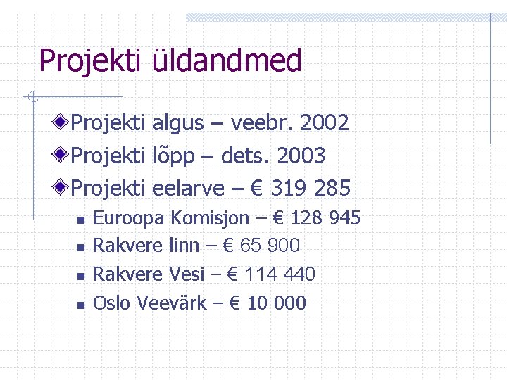 Projekti üldandmed Projekti algus – veebr. 2002 Projekti lõpp – dets. 2003 Projekti eelarve