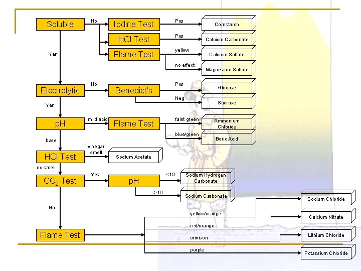 Soluble No Iodine Test Pos HCl Test Pos Calcium Carbonate yellow Flame Test Yes