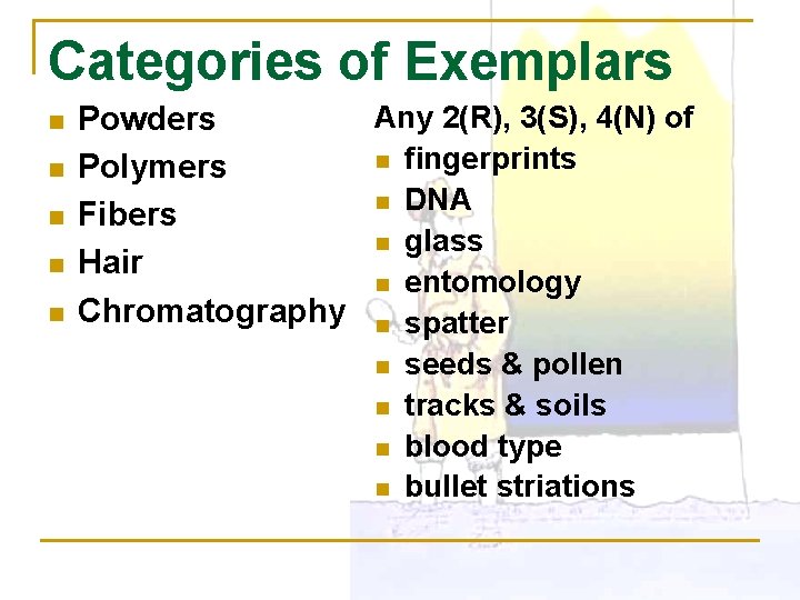 Categories of Exemplars n n n Any 2(R), 3(S), 4(N) of Powders n fingerprints