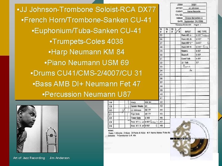  • JJ Johnson-Trombone Soloist-RCA DX 77 • French Horn/Trombone-Sanken CU-41 • Euphonium/Tuba-Sanken CU-41