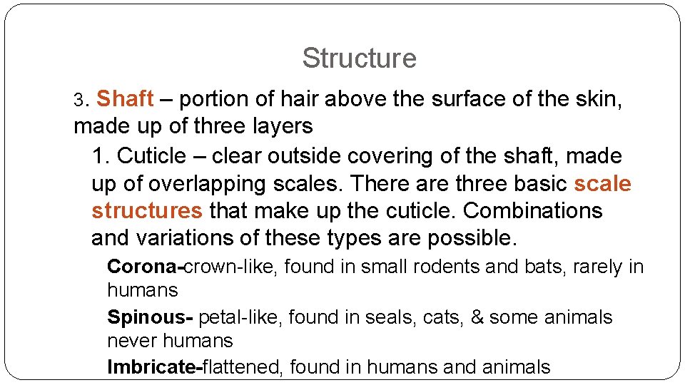 Structure 3. Shaft – portion of hair above the surface of the skin, made Structure 3. Shaft – portion of hair above the surface of the skin, made