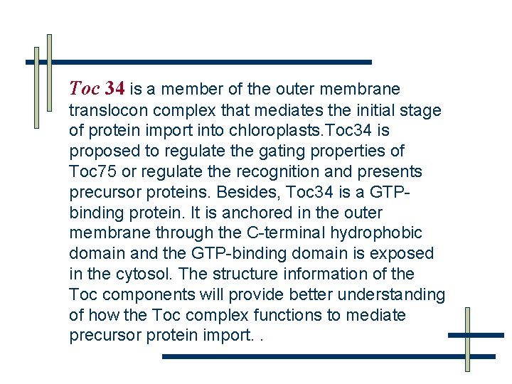 Toc 34 is a member of the outer membrane translocon complex that mediates the
