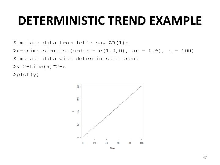 DETERMINISTIC TREND EXAMPLE Simulate data from let’s say AR(1): >x=arima. sim(list(order = c(1, 0,