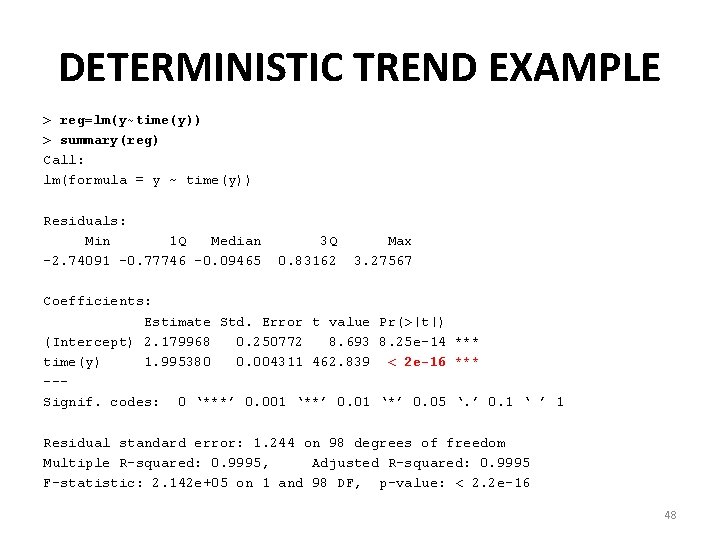 DETERMINISTIC TREND EXAMPLE > reg=lm(y~time(y)) > summary(reg) Call: lm(formula = y ~ time(y)) Residuals: