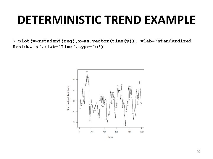 DETERMINISTIC TREND EXAMPLE > plot(y=rstudent(reg), x=as. vector(time(y)), ylab='Standardized Residuals', xlab='Time', type='o') 49 