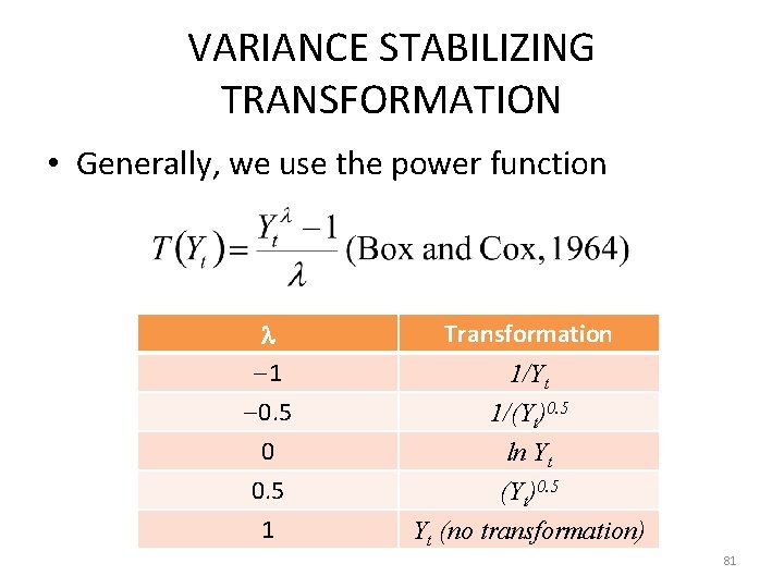 VARIANCE STABILIZING TRANSFORMATION • Generally, we use the power function 1 0. 5 0