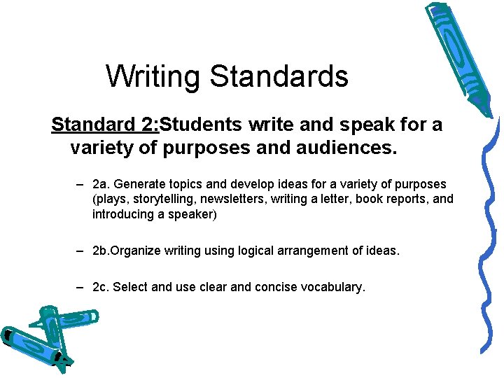 Writing Standards Standard 2: Students write and speak for a variety of purposes and