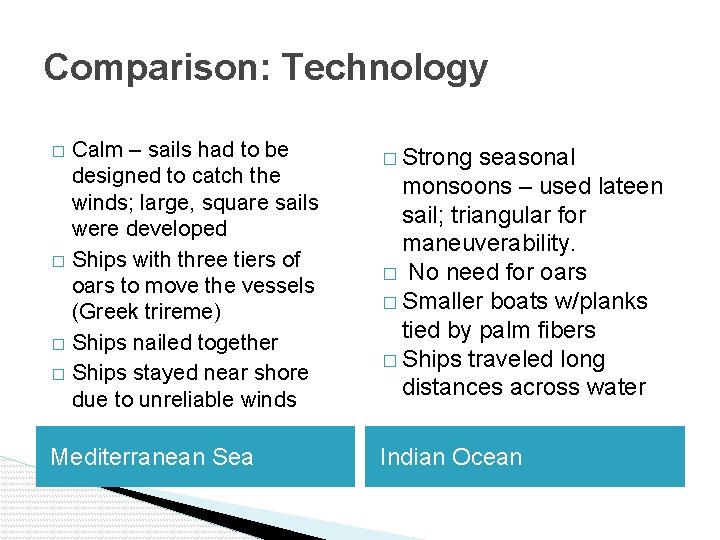 Comparison: Technology � Calm – sails had to be designed to catch the winds;