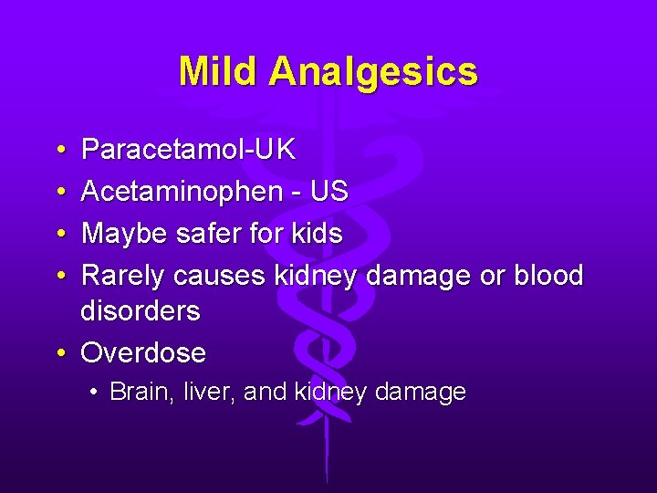 Mild Analgesics • • Paracetamol-UK Acetaminophen - US Maybe safer for kids Rarely causes