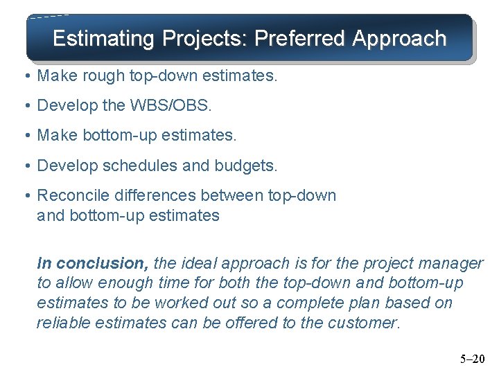 Estimating Projects: Preferred Approach • Make rough top-down estimates. • Develop the WBS/OBS. •