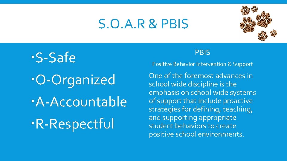 S. O. A. R & PBIS S-Safe O-Organized A-Accountable R-Respectful PBIS Positive Behavior Intervention
