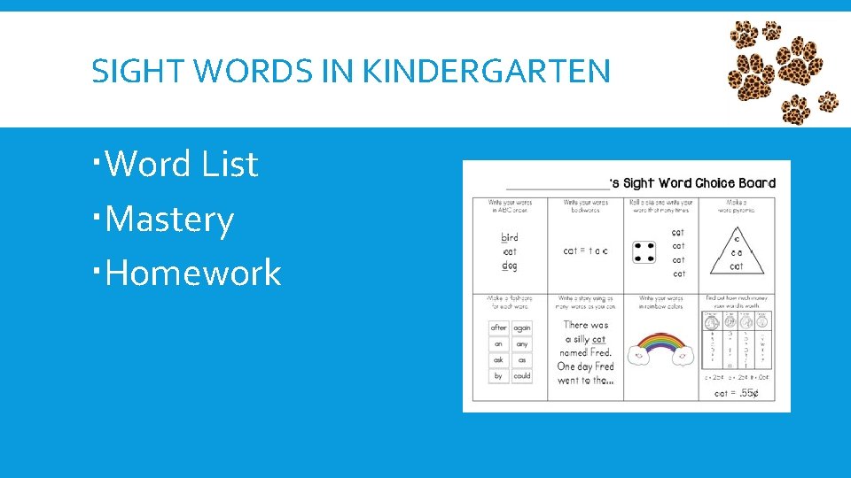 SIGHT WORDS IN KINDERGARTEN Word List Mastery Homework 