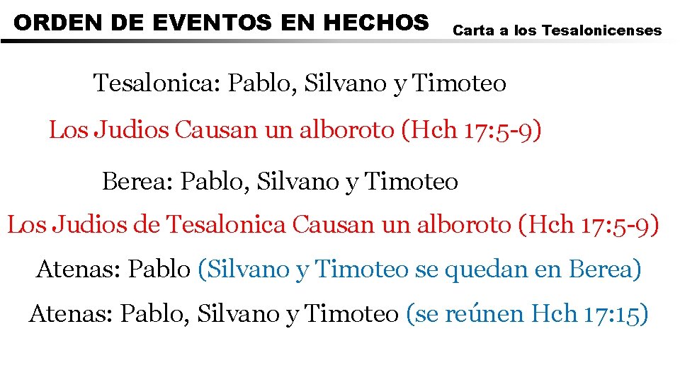 ORDEN DE EVENTOS EN HECHOS Carta a los Tesalonicenses Tesalonica: Pablo, Silvano y Timoteo