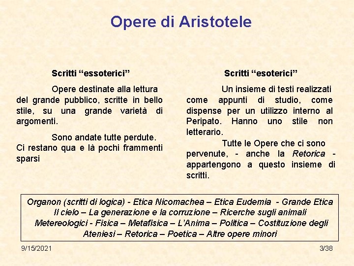 Opere di Aristotele Scritti “essoterici” Scritti “esoterici” Opere destinate alla lettura del grande pubblico,