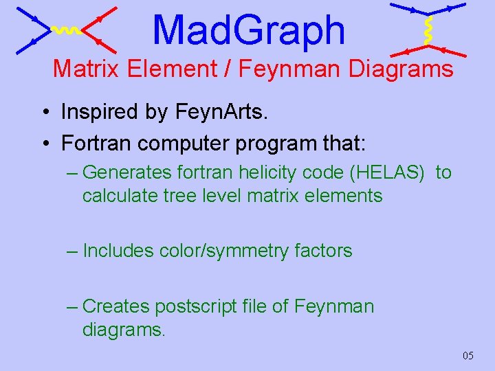 Mad. Graph Matrix Element / Feynman Diagrams • Inspired by Feyn. Arts. • Fortran