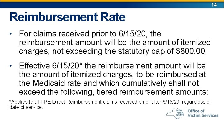 14 Reimbursement Rate • For claims received prior to 6/15/20, the reimbursement amount will